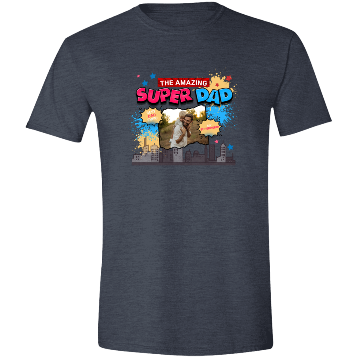 Heather Navy t-shirt with 'The Amazing Super Dad' graphic and featuring eye-catching pop art elements, city skyline graphics, comic-style bursts, and a personalized photo placement of a man and child on a plain background