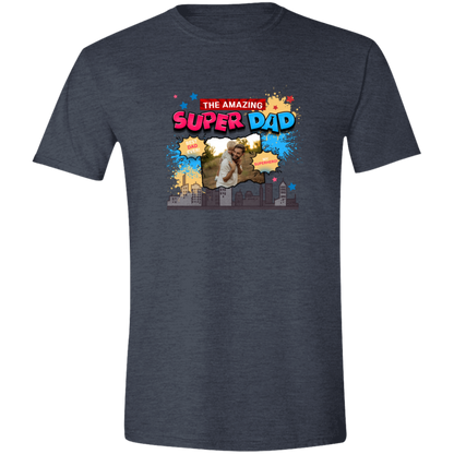 Heather Navy t-shirt with 'The Amazing Super Dad' graphic and featuring eye-catching pop art elements, city skyline graphics, comic-style bursts, and a personalized photo placement of a man and child on a plain background