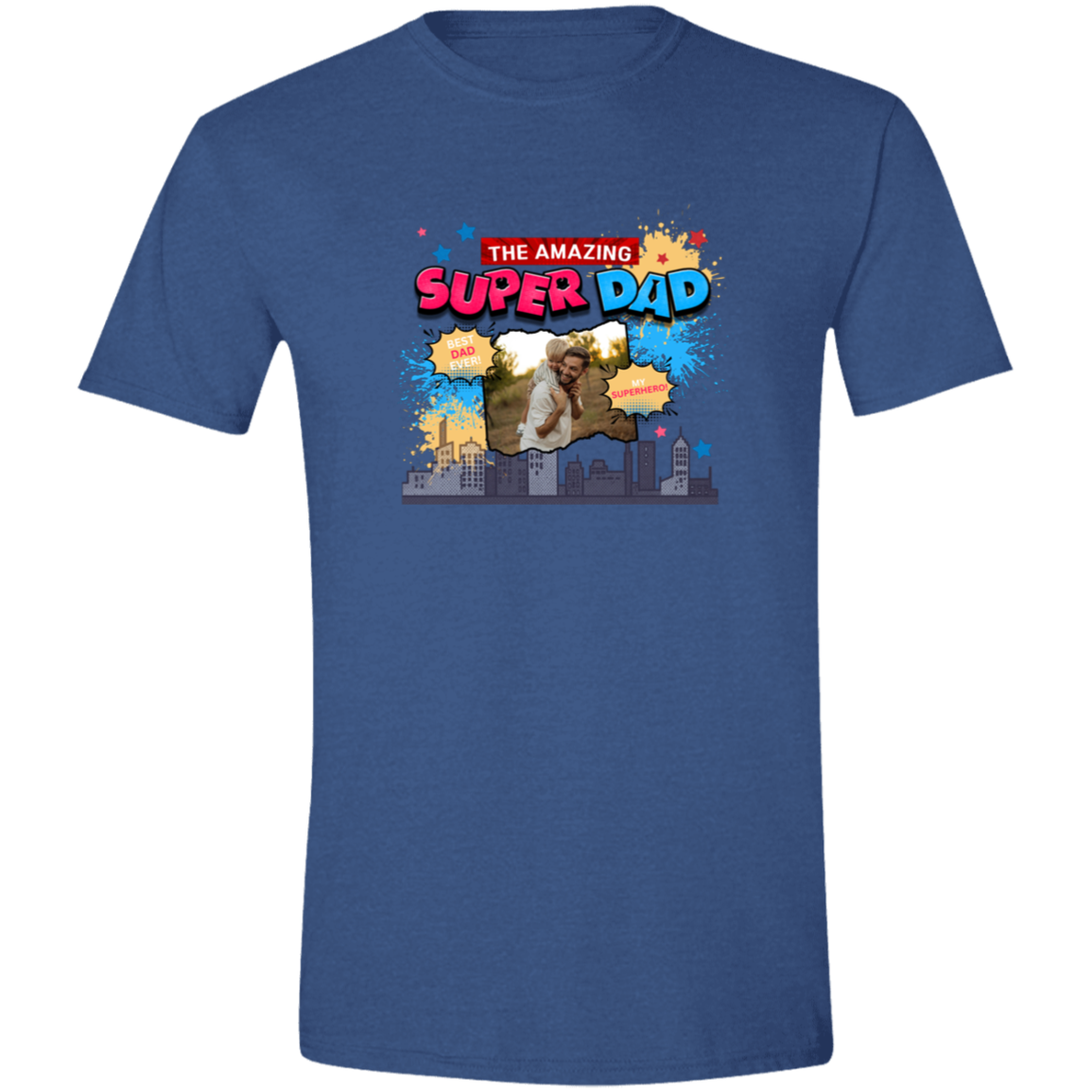 Heather Royal t-shirt with 'The Amazing Super Dad' graphic and featuring eye-catching pop art elements, city skyline graphics, comic-style bursts, and a personalized photo placement of a man and child on a plain background