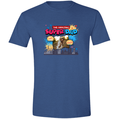 Heather Royal t-shirt with 'The Amazing Super Dad' graphic and featuring eye-catching pop art elements, city skyline graphics, comic-style bursts, and a personalized photo placement of a man and child on a plain background