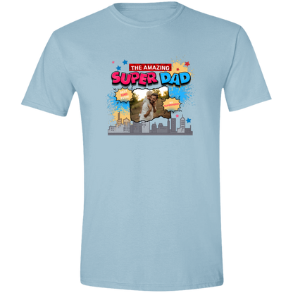 Light Blue t-shirt with 'The Amazing Super Dad' graphic and featuring eye-catching pop art elements, city skyline graphics, comic-style bursts, and a personalized photo placement of a man and child on a plain background