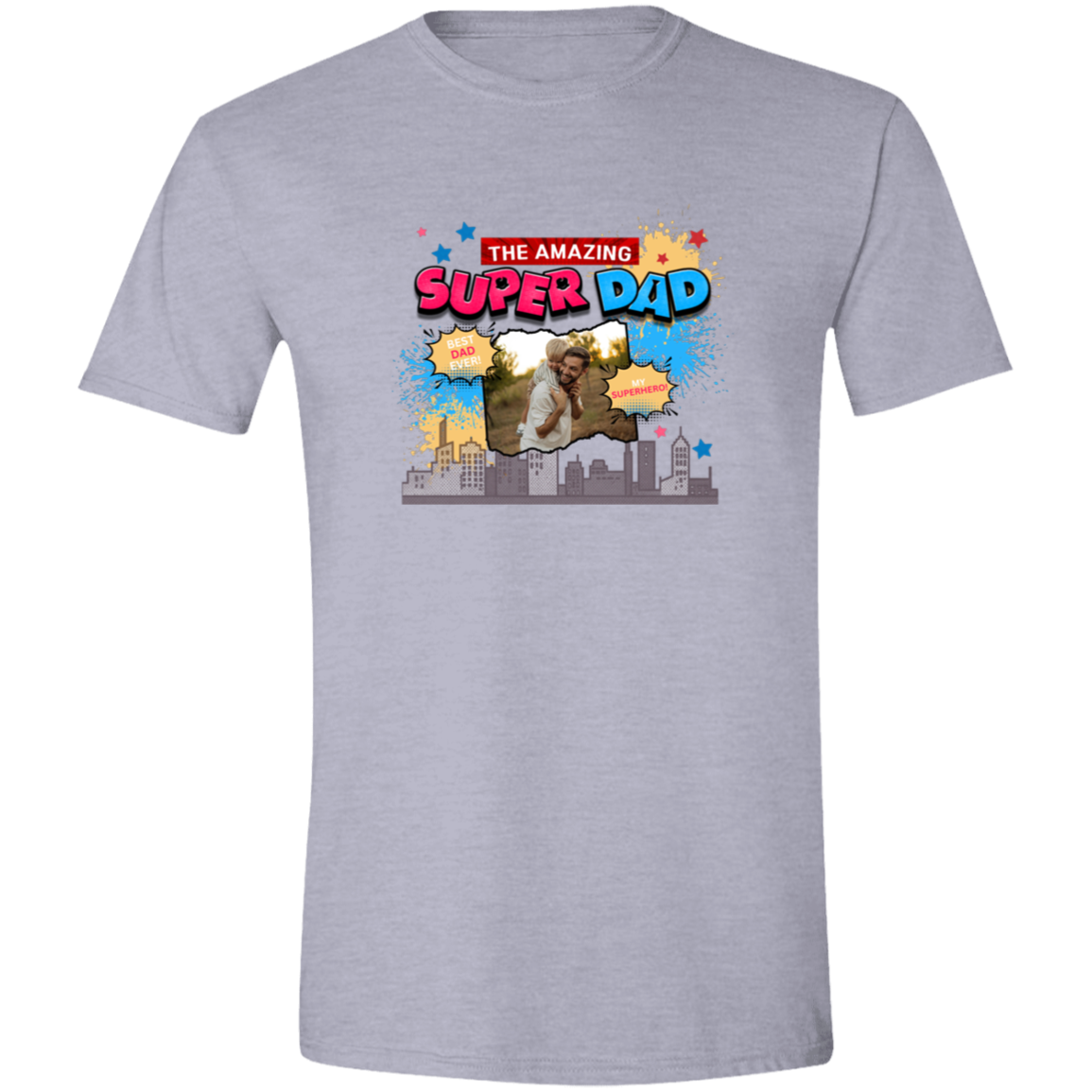 Sport Grey t-shirt with 'The Amazing Super Dad' graphic and featuring eye-catching pop art elements, city skyline graphics, comic-style bursts, and a personalized photo placement of a man and child on a plain background