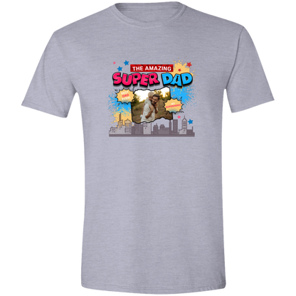 Sport Grey t-shirt with 'The Amazing Super Dad' graphic and featuring eye-catching pop art elements, city skyline graphics, comic-style bursts, and a personalized photo placement of a man and child on a plain background
