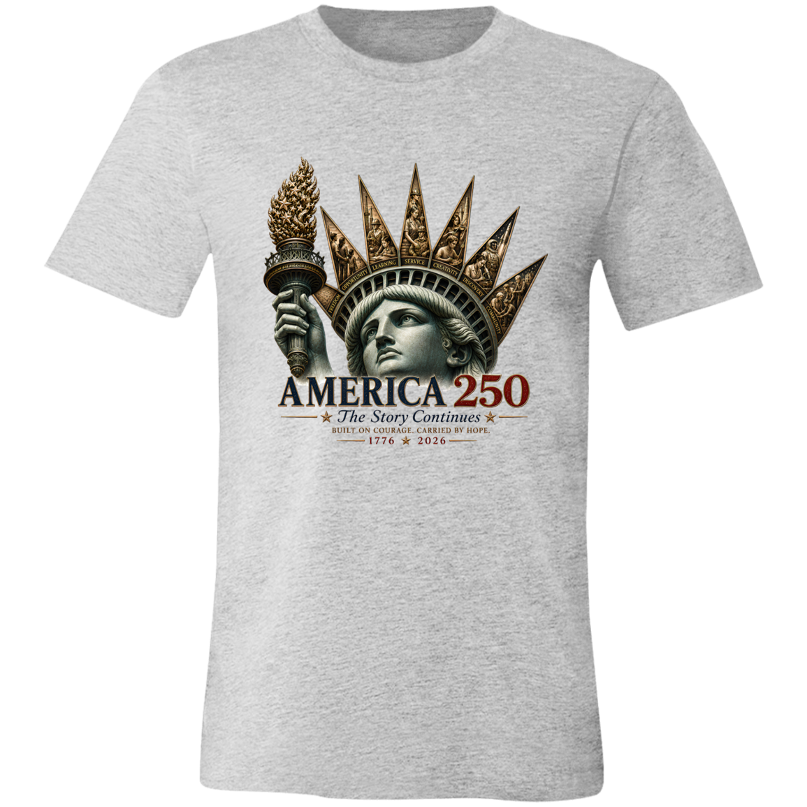 Commemorative artwork athletic grey t-shirt features the Statue of Liberty as a symbol of hope and resilience. Rising from her crown are detailed panels representing the values that continue to shape our nation: Opportunity, Freedom, Learning, Service, Creativity, Discovery, and Community.