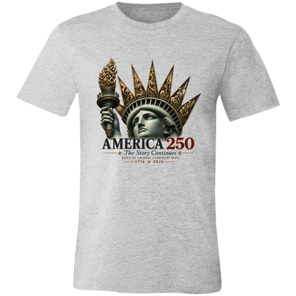 Commemorative artwork athletic grey t-shirt features the Statue of Liberty as a symbol of hope and resilience. Rising from her crown are detailed panels representing the values that continue to shape our nation: Opportunity, Freedom, Learning, Service, Creativity, Discovery, and Community.