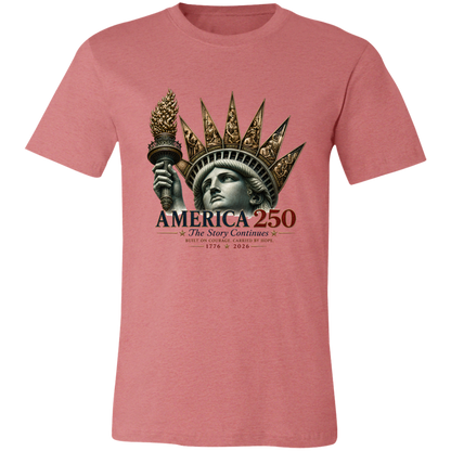Commemorative artwork heather mauve t-shirt features the Statue of Liberty as a symbol of hope and resilience. Rising from her crown are detailed panels representing the values that continue to shape our nation: Opportunity, Freedom, Learning, Service, Creativity, Discovery, and Community.