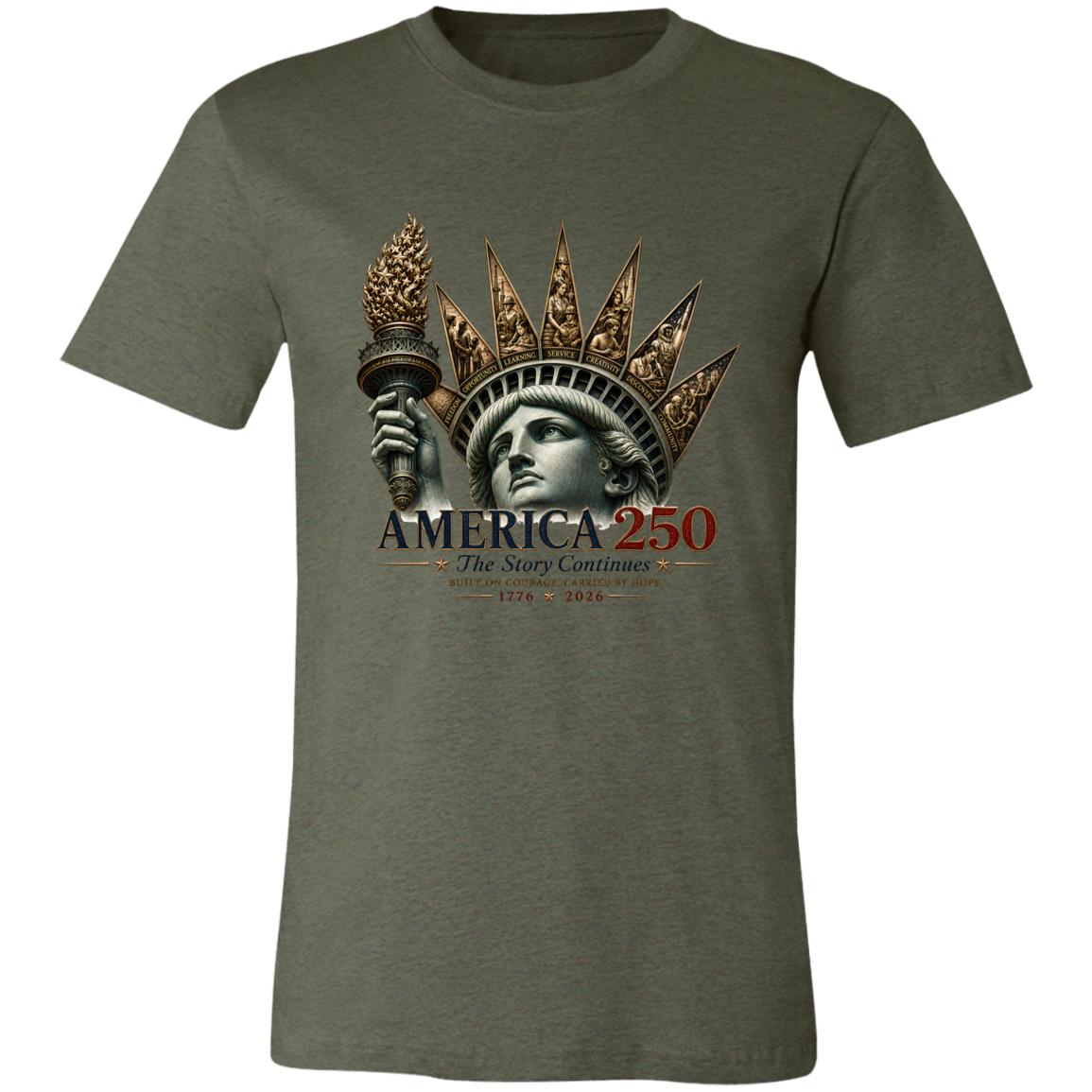Commemorative artwork heather military green t-shirt features the Statue of Liberty as a symbol of hope and resilience. Rising from her crown are detailed panels representing the values that continue to shape our nation: Opportunity, Freedom, Learning, Service, Creativity, Discovery, and Community.