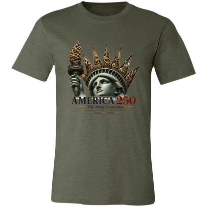 Commemorative artwork heather military green t-shirt features the Statue of Liberty as a symbol of hope and resilience. Rising from her crown are detailed panels representing the values that continue to shape our nation: Opportunity, Freedom, Learning, Service, Creativity, Discovery, and Community.