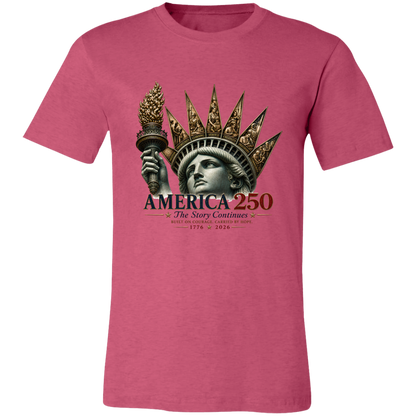 Commemorative artwork heather raspberry t-shirt features the Statue of Liberty as a symbol of hope and resilience. Rising from her crown are detailed panels representing the values that continue to shape our nation: Opportunity, Freedom, Learning, Service, Creativity, Discovery, and Community.