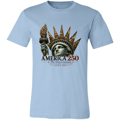 Commemorative artwork light blue t-shirt features the Statue of Liberty as a symbol of hope and resilience. Rising from her crown are detailed panels representing the values that continue to shape our nation: Opportunity, Freedom, Learning, Service, Creativity, Discovery, and Community.
