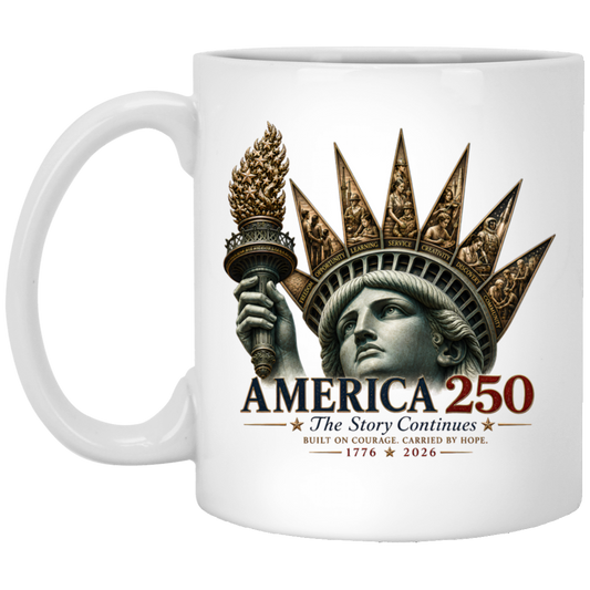 Commemorative artwork mug features the Statue of Liberty as a symbol of hope and resilience. Rising from her crown are detailed panels representing the values that continue to shape our nation: Opportunity, Freedom, Learning, Service, Creativity, Discovery, and Community.
