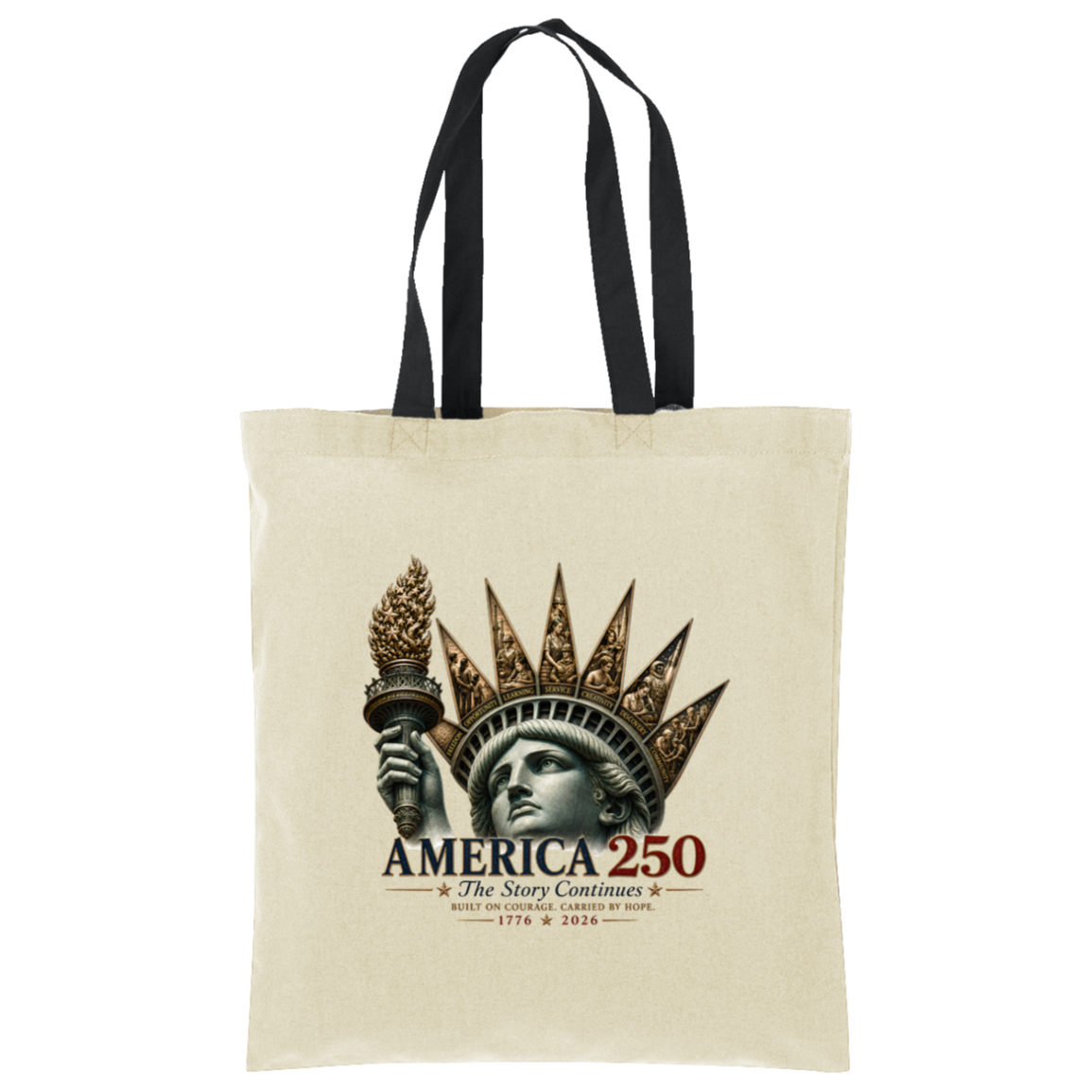 Commemorative artwork natural/black tote bag features the Statue of Liberty as a symbol of hope and resilience. Rising from her crown are detailed panels representing the values that continue to shape our nation: Opportunity, Freedom, Learning, Service, Creativity, Discovery, and Community.