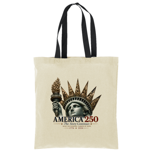 Commemorative artwork natural/black tote bag features the Statue of Liberty as a symbol of hope and resilience. Rising from her crown are detailed panels representing the values that continue to shape our nation: Opportunity, Freedom, Learning, Service, Creativity, Discovery, and Community.