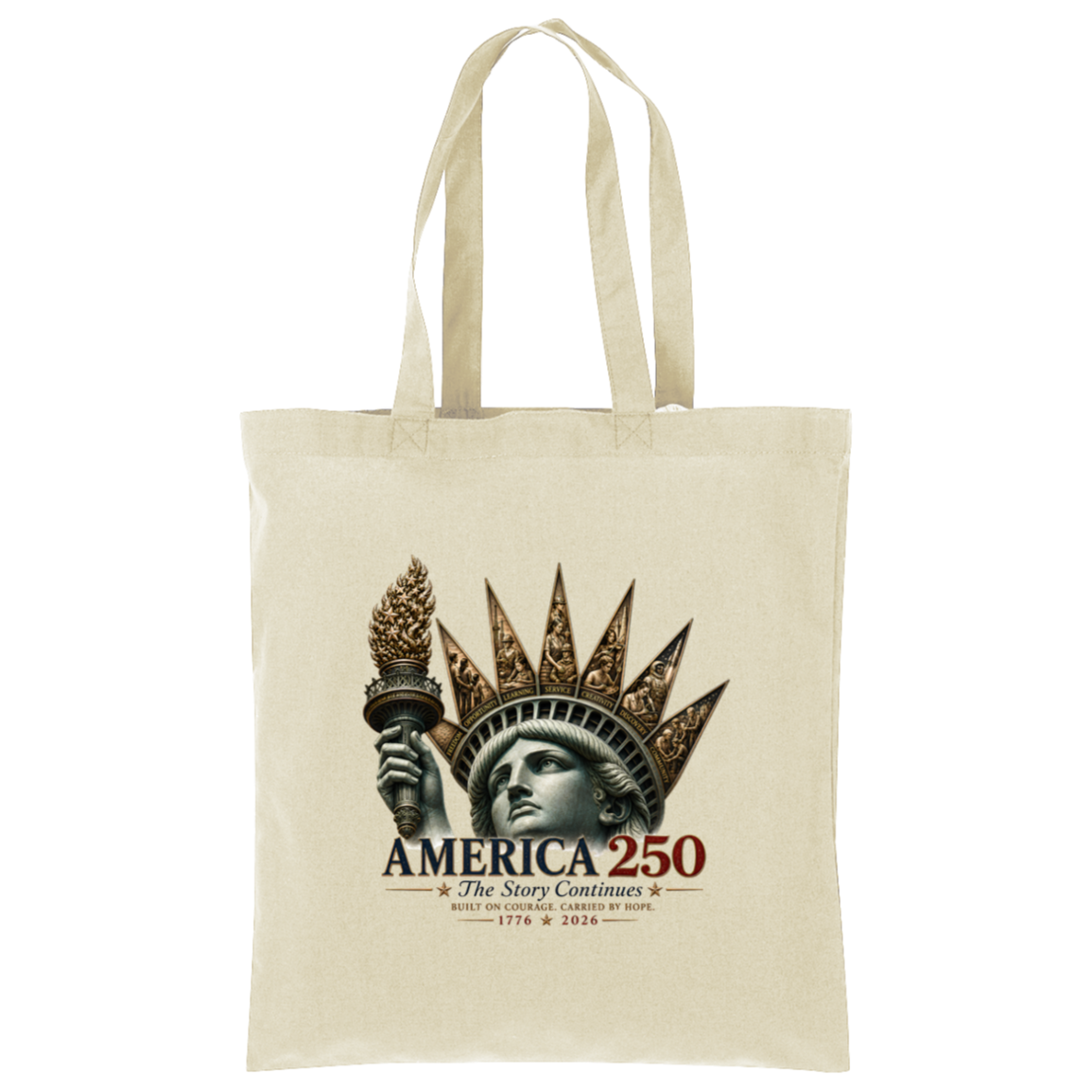 Commemorative artwork natural tote bag features the Statue of Liberty as a symbol of hope and resilience. Rising from her crown are detailed panels representing the values that continue to shape our nation: Opportunity, Freedom, Learning, Service, Creativity, Discovery, and Community.