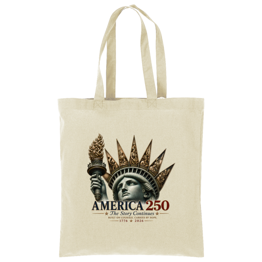 Commemorative artwork natural tote bag features the Statue of Liberty as a symbol of hope and resilience. Rising from her crown are detailed panels representing the values that continue to shape our nation: Opportunity, Freedom, Learning, Service, Creativity, Discovery, and Community.