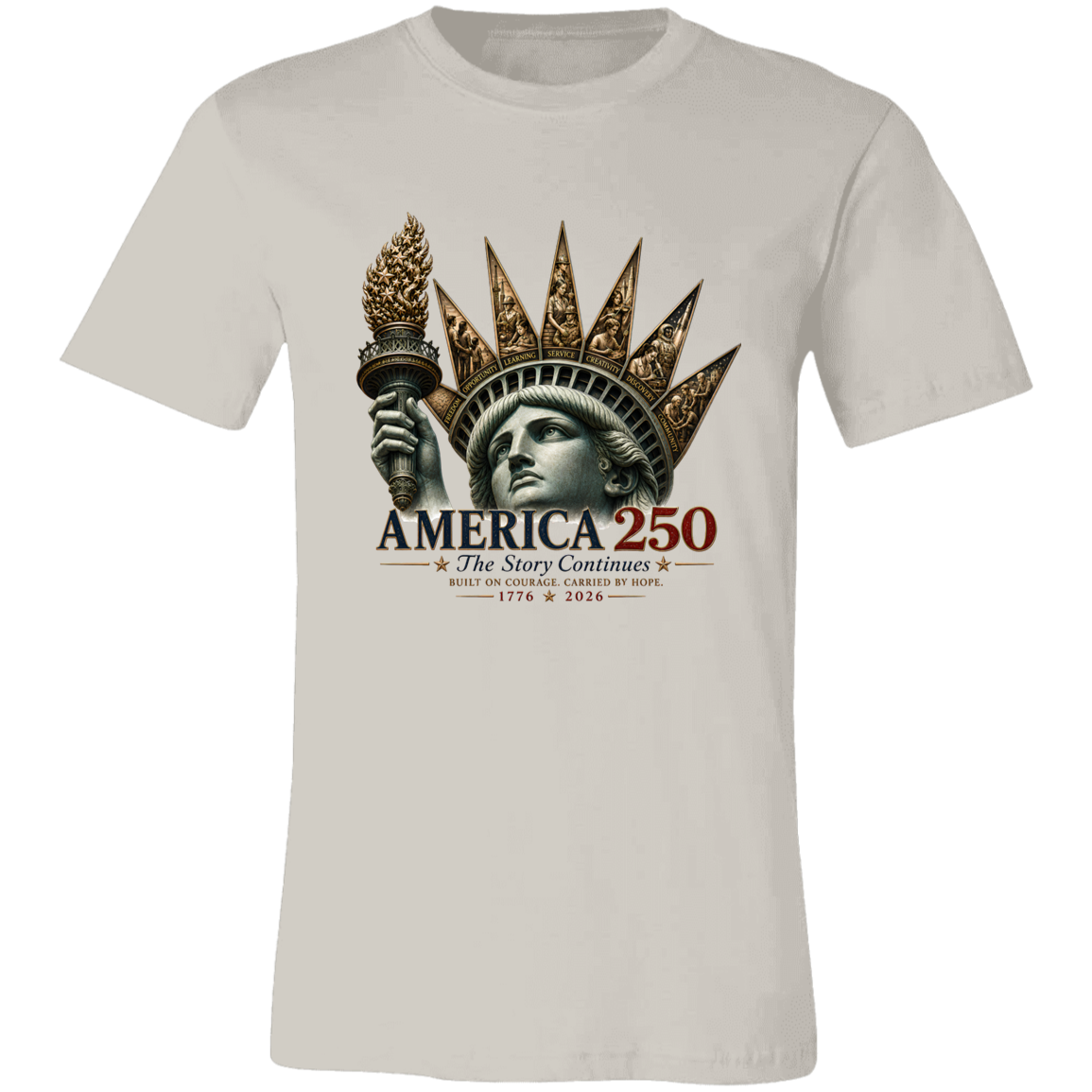 Commemorative artwork vintage white t-shirt features the Statue of Liberty as a symbol of hope and resilience. Rising from her crown are detailed panels representing the values that continue to shape our nation: Opportunity, Freedom, Learning, Service, Creativity, Discovery, and Community.