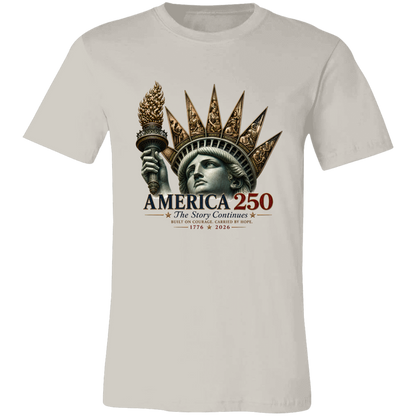 Commemorative artwork vintage white t-shirt features the Statue of Liberty as a symbol of hope and resilience. Rising from her crown are detailed panels representing the values that continue to shape our nation: Opportunity, Freedom, Learning, Service, Creativity, Discovery, and Community.
