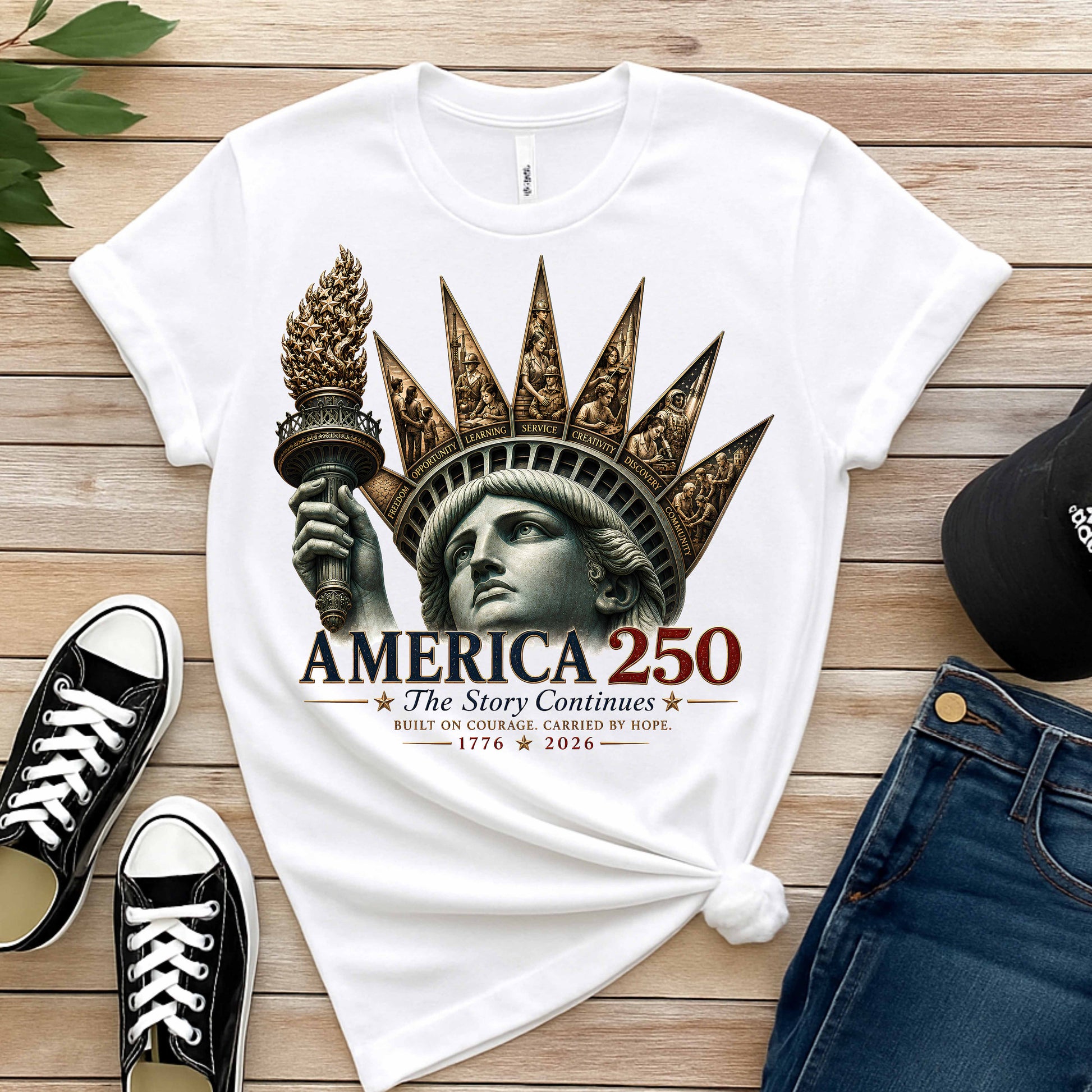 Commemorative artwork white t-shirt features the Statue of Liberty as a symbol of hope and resilience. Rising from her crown are detailed panels representing the values that continue to shape our nation: Opportunity, Freedom, Learning, Service, Creativity, Discovery, and Community with jeans, sneakers, black hat on a wooden background