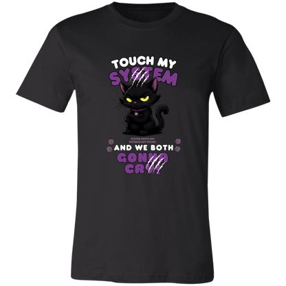 Black t-shirt which graphic features an adorably furious black cat with glowing eyes and the  message 'Touch My System And We Both Gonna Cry!', includes "System Error 404 and Patience Not Found' that's equal parts funny, relatable on a transparent background