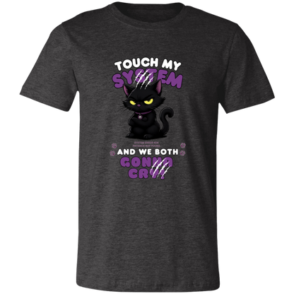 Dark Grey Heather t-shirt which graphic features an adorably furious black cat with glowing eyes and the  message 'Touch My System And We Both Gonna Cry!', includes "System Error 404 and Patience Not Found' that's equal parts funny, relatable on a transparent background