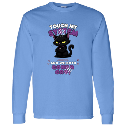 Men's cardinal blue long sleeve shirt which graphic features an adorably furious black cat with glowing eyes and the  message 'Touch My System And We Both Gonna Cry!', includes "System Error 404 and Patience Not Found' that's equal parts funny, relatable on a transparent background