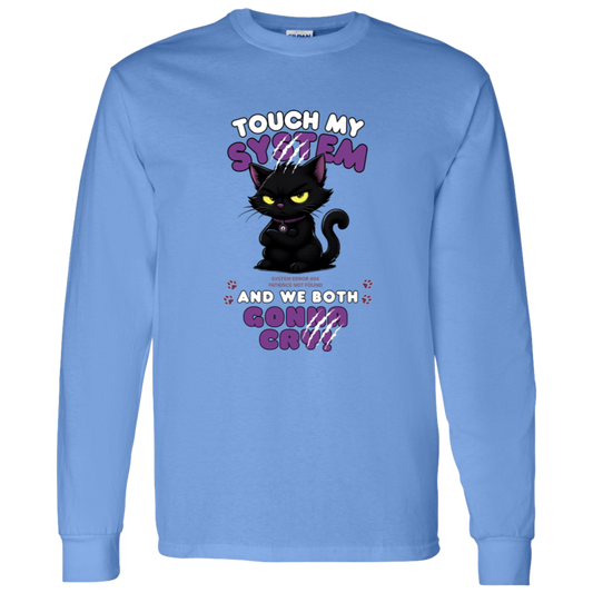 Men's cardinal blue long sleeve shirt which graphic features an adorably furious black cat with glowing eyes and the  message 'Touch My System And We Both Gonna Cry!', includes "System Error 404 and Patience Not Found' that's equal parts funny, relatable on a transparent background