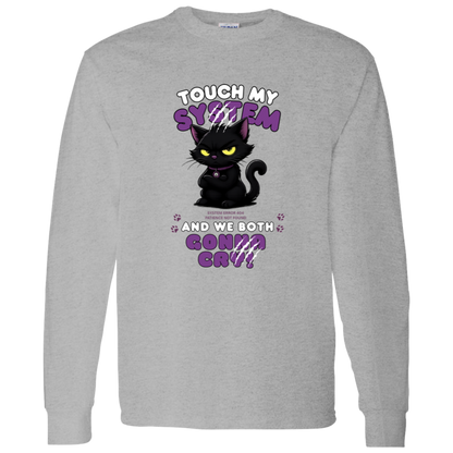 Men's sport grey long sleeve shirt which graphic features an adorably furious black cat with glowing eyes and the  message 'Touch My System And We Both Gonna Cry!', includes "System Error 404 and Patience Not Found' that's equal parts funny, relatable on a transparent background
