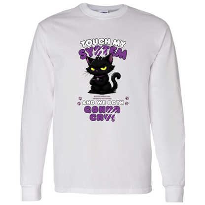 Men's white long sleeve shirt which graphic features an adorably furious black cat with glowing eyes and the  message 'Touch My System And We Both Gonna Cry!', includes "System Error 404 and Patience Not Found' that's equal parts funny, relatable on a transparent background