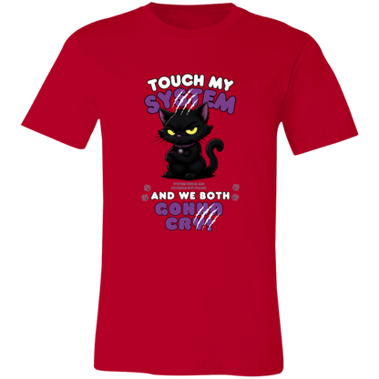 Red t-shirt which graphic features an adorably furious black cat with glowing eyes and the  message 'Touch My System And We Both Gonna Cry!', includes "System Error 404 and Patience Not Found' that's equal parts funny, relatable on a transparent background