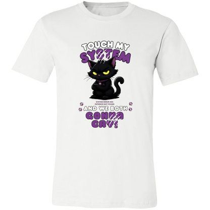 White t-shirt which graphic features an adorably furious black cat with glowing eyes and the  message 'Touch My System And We Both Gonna Cry!', includes "System Error 404 and Patience Not Found' that's equal parts funny, relatable on a transparent background