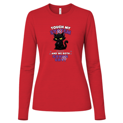 Women's Red long sleeve shirt which graphic features an adorably furious black cat with glowing eyes and the  message 'Touch My System And We Both Gonna Cry!', includes "System Error 404 and Patience Not Found' that's equal parts funny, relatable on a transparent background