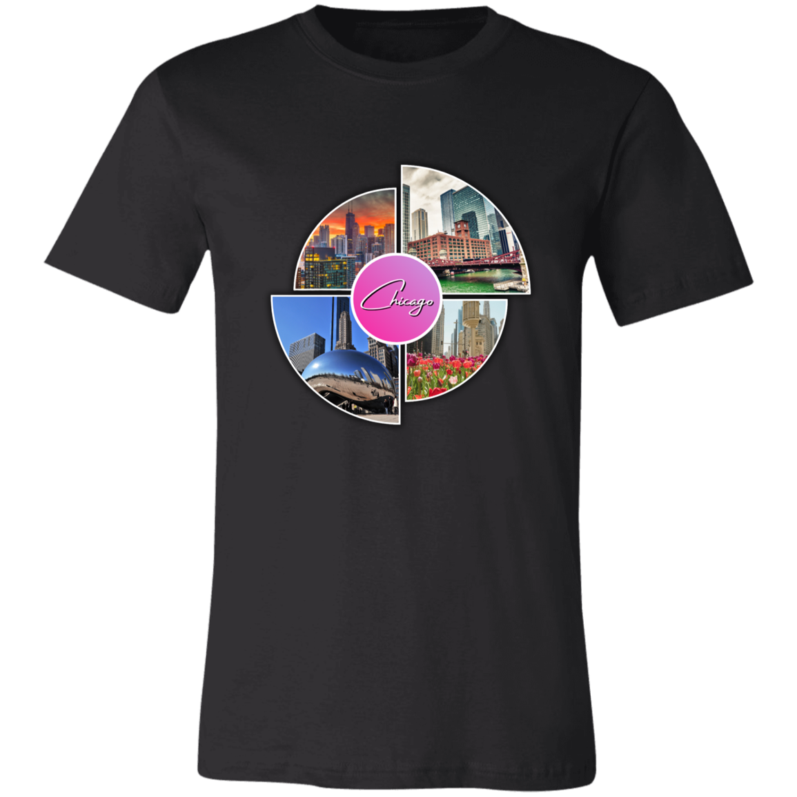 Image of the color of Black unisex t-shirt with a colorful graphic design that says Chicago in the middle and has 4 photo of different locations around the City of Chicago The Bean (Sky Cloud), Downtown skyline with the Sears Tower (Willis Tower), Chicago River with the old City Courthouse (Reid Murdoch Building), Water Tower Building with Tulips pictured in front of it.