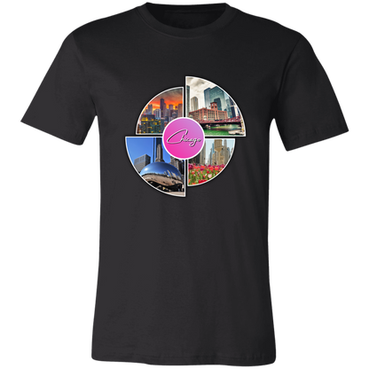 Image of the color of Black unisex t-shirt with a colorful graphic design that says Chicago in the middle and has 4 photo of different locations around the City of Chicago The Bean (Sky Cloud), Downtown skyline with the Sears Tower (Willis Tower), Chicago River with the old City Courthouse (Reid Murdoch Building), Water Tower Building with Tulips pictured in front of it.
