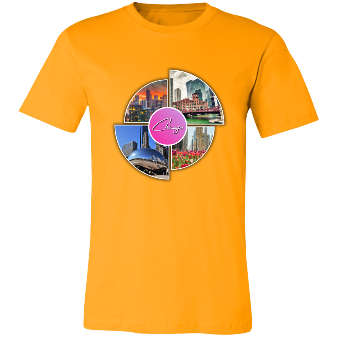 Image of the color of Gold unisex t-shirt with a colorful graphic design that says Chicago in the middle and has 4 photo of different locations around the City of Chicago The Bean (Sky Cloud), Downtown skyline with the Sears Tower (Willis Tower), Chicago River with the old City Courthouse (Reid Murdoch Building), Water Tower Building with Tulips pictured in front of it.