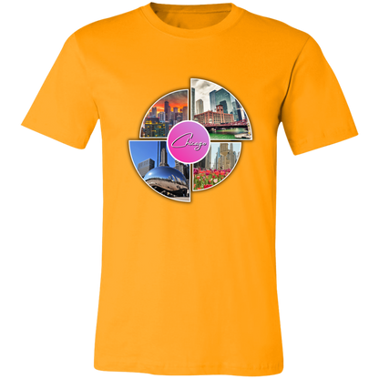 Image of the color of Gold unisex t-shirt with a colorful graphic design that says Chicago in the middle and has 4 photo of different locations around the City of Chicago The Bean (Sky Cloud), Downtown skyline with the Sears Tower (Willis Tower), Chicago River with the old City Courthouse (Reid Murdoch Building), Water Tower Building with Tulips pictured in front of it.