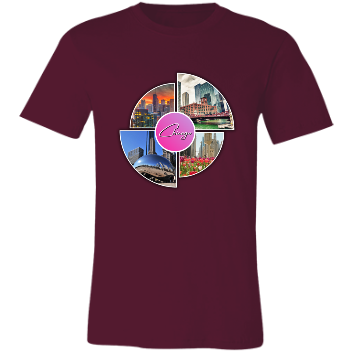 Image of a Maroon unisex t-shirt with a colorful graphic design that says Chicago in the middle and has 4 photo of different locations around the City of Chicago The Bean (Sky Cloud), Downtown skyline with the Sears Tower (Willis Tower), Chicago River with the old City Courthouse (Reid Murdoch Building), Water Tower Building with Tulips pictured in front of it.