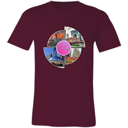 Image of a Maroon unisex t-shirt with a colorful graphic design that says Chicago in the middle and has 4 photo of different locations around the City of Chicago The Bean (Sky Cloud), Downtown skyline with the Sears Tower (Willis Tower), Chicago River with the old City Courthouse (Reid Murdoch Building), Water Tower Building with Tulips pictured in front of it.