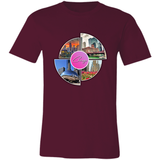 Image of a Maroon unisex t-shirt with a colorful graphic design that says Chicago in the middle and has 4 photo of different locations around the City of Chicago The Bean (Sky Cloud), Downtown skyline with the Sears Tower (Willis Tower), Chicago River with the old City Courthouse (Reid Murdoch Building), Water Tower Building with Tulips pictured in front of it.