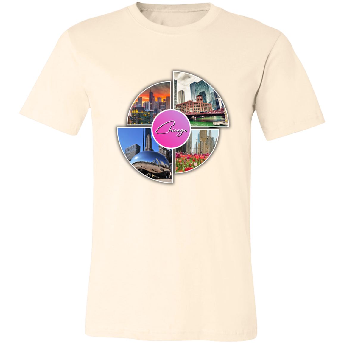 Image of the color of Natural unisex t-shirt with a colorful graphic design that says Chicago in the middle and has 4 photo of different locations around the City of Chicago The Bean (Sky Cloud), Downtown skyline with the Sears Tower (Willis Tower), Chicago River with the old City Courthouse (Reid Murdoch Building), Water Tower Building with Tulips pictured in front of it.