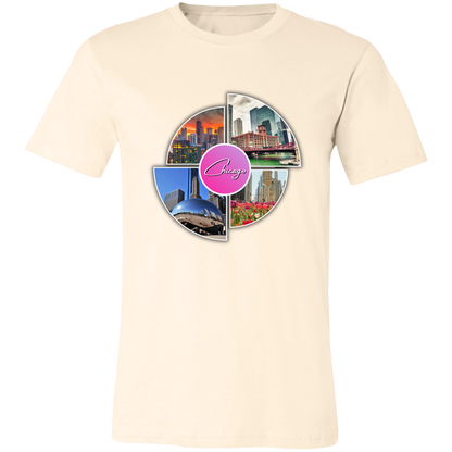 Image of the color of Natural unisex t-shirt with a colorful graphic design that says Chicago in the middle and has 4 photo of different locations around the City of Chicago The Bean (Sky Cloud), Downtown skyline with the Sears Tower (Willis Tower), Chicago River with the old City Courthouse (Reid Murdoch Building), Water Tower Building with Tulips pictured in front of it.
