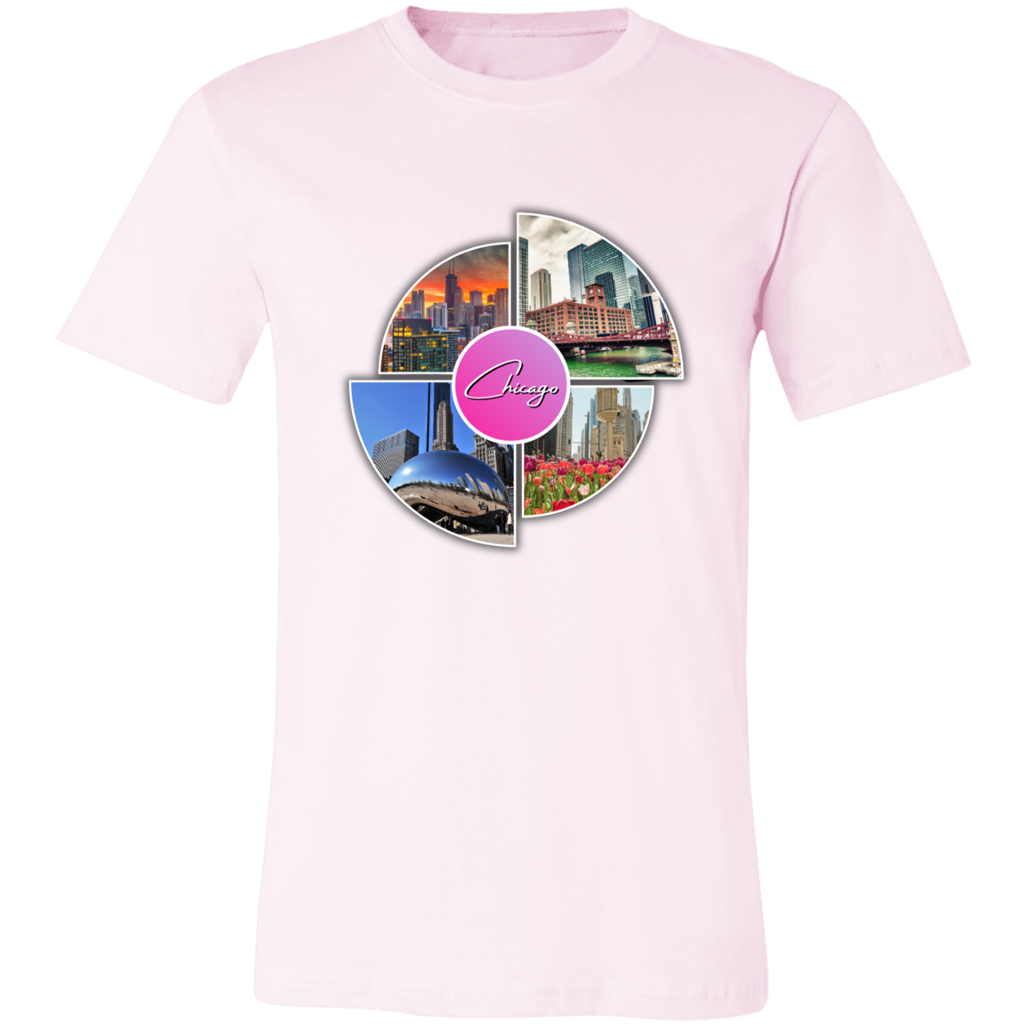 Image of the color of Soft Pink unisex t-shirt with a colorful graphic design that says Chicago in the middle and has 4 photo of different locations around the City of Chicago The Bean (Sky Cloud), Downtown skyline with the Sears Tower (Willis Tower), Chicago River with the old City Courthouse (Reid Murdoch Building), Water Tower Building with Tulips pictured in front of it.