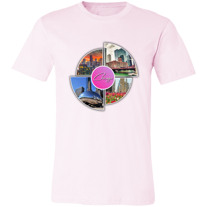 Image of the color of Soft Pink unisex t-shirt with a colorful graphic design that says Chicago in the middle and has 4 photo of different locations around the City of Chicago The Bean (Sky Cloud), Downtown skyline with the Sears Tower (Willis Tower), Chicago River with the old City Courthouse (Reid Murdoch Building), Water Tower Building with Tulips pictured in front of it.