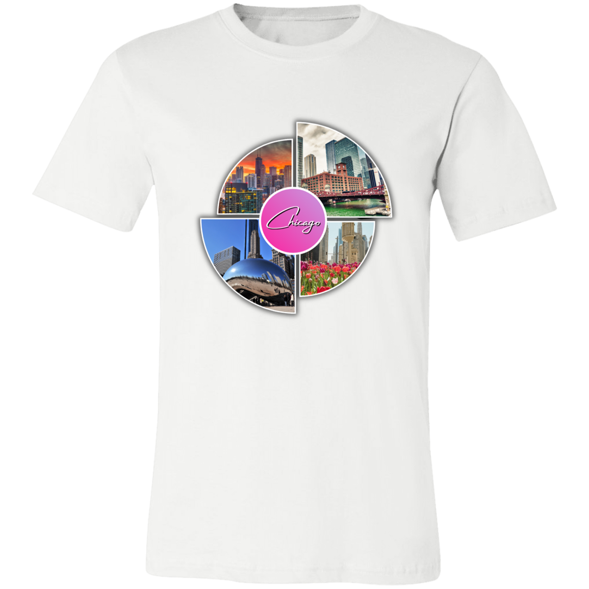Image of the color of White unisex t-shirt with a colorful graphic design that says Chicago in the middle and has 4 photo of different locations around the City of Chicago The Bean (Sky Cloud), Downtown skyline with the Sears Tower (Willis Tower), Chicago River with the old City Courthouse (Reid Murdoch Building), Water Tower Building with Tulips pictured in front of it.