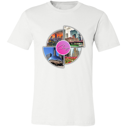 Image of the color of White unisex t-shirt with a colorful graphic design that says Chicago in the middle and has 4 photo of different locations around the City of Chicago The Bean (Sky Cloud), Downtown skyline with the Sears Tower (Willis Tower), Chicago River with the old City Courthouse (Reid Murdoch Building), Water Tower Building with Tulips pictured in front of it.