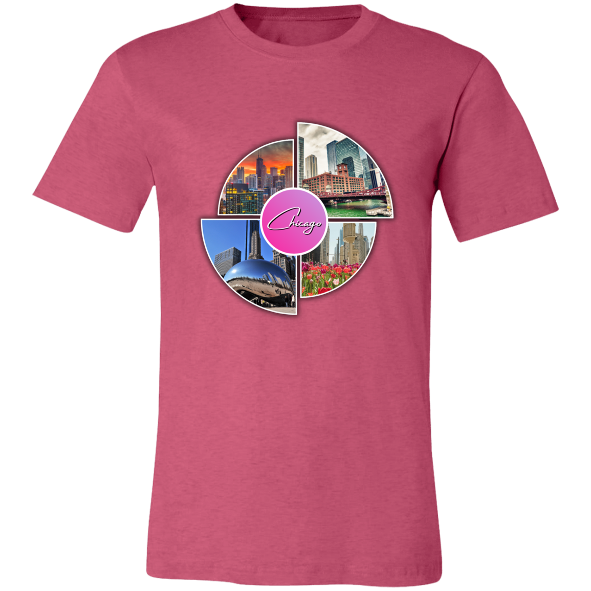 Image of the color of Heather Raspberry unisex t-shirt with a colorful graphic design that says Chicago in the middle and has 4 photo of different locations around the City of Chicago The Bean (Sky Cloud), Downtown skyline with the Sears Tower (Willis Tower), Chicago River with the old City Courthouse (Reid Murdoch Building), Water Tower Building with Tulips pictured in front of it.