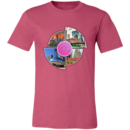 Image of the color of Heather Raspberry unisex t-shirt with a colorful graphic design that says Chicago in the middle and has 4 photo of different locations around the City of Chicago The Bean (Sky Cloud), Downtown skyline with the Sears Tower (Willis Tower), Chicago River with the old City Courthouse (Reid Murdoch Building), Water Tower Building with Tulips pictured in front of it.