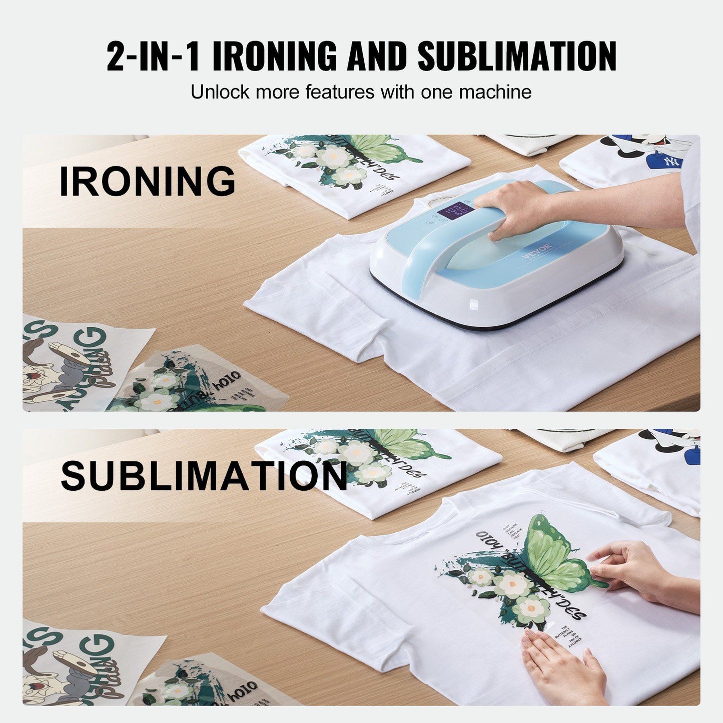 Showing ability for ironing or sublimation both pictures are on a wooden table with white t-shirt in the middle and printable images around it showing one being ironed on and the other picture with the printable being placed on a white t-shirt