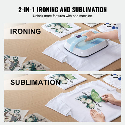 Showing ability for ironing or sublimation both pictures are on a wooden table with white t-shirt in the middle and printable images around it showing one being ironed on and the other picture with the printable being placed on a white t-shirt