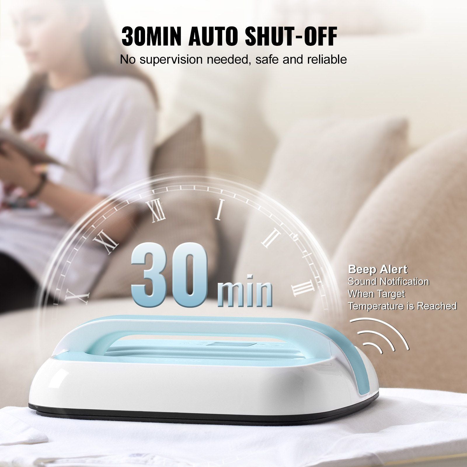 Machine showing 30 minute beep alert sound notification when temperature is reached and 30 minute auto shut off with a picture of a woman sitting on a couch