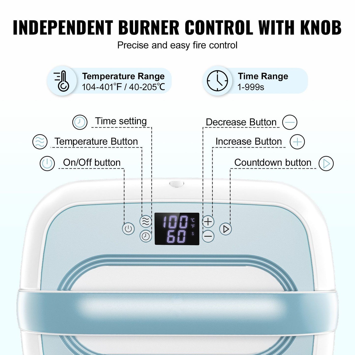 Showing temperature range104-401 degree F, time range of 1-999s, time setting button, temperature button, on/off button, decrease button, increase button, countdown button